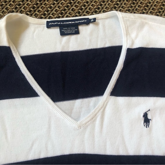 Vintage Y2K Ralph Lauren Sport Navy &White Rugby Striped V-neck Pullover Sweater - Picture 3 of 9